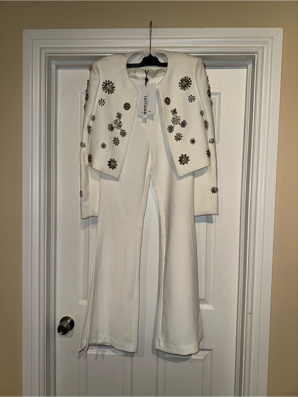 Catchall Cropped Embellished Blazer & High-Waist Wide-Leg Pants Set - White - Picture 11 of 14